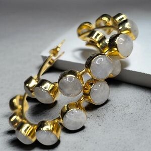 18k Gold Plated Artisan 2" Diameter Genuine Flash Moonstone Hoop Earrings